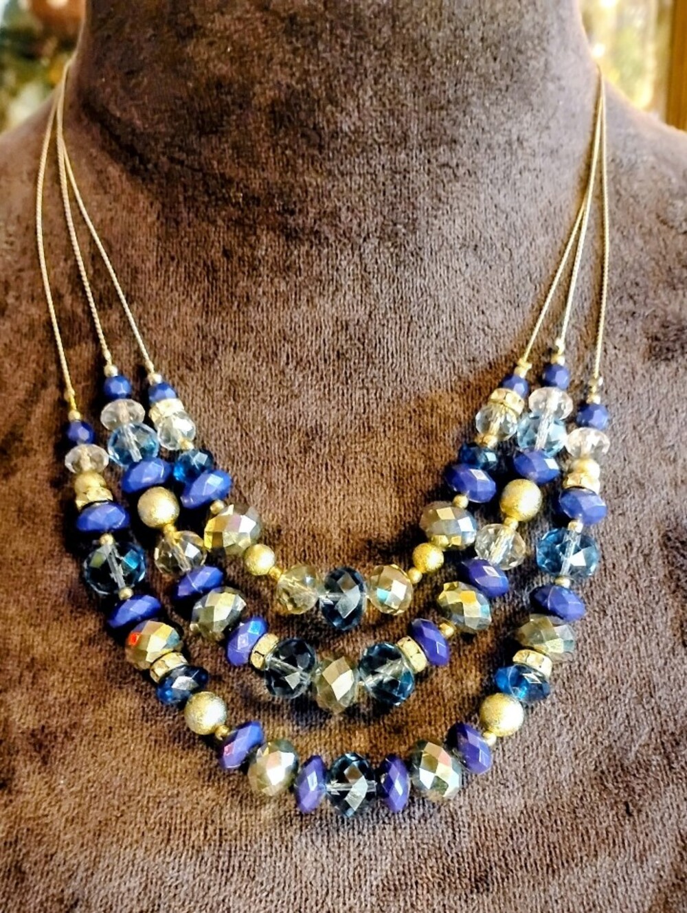 Vintage Silver & Blue Crystal Layered Beaded Necklace - Elegant Women's Jewelry